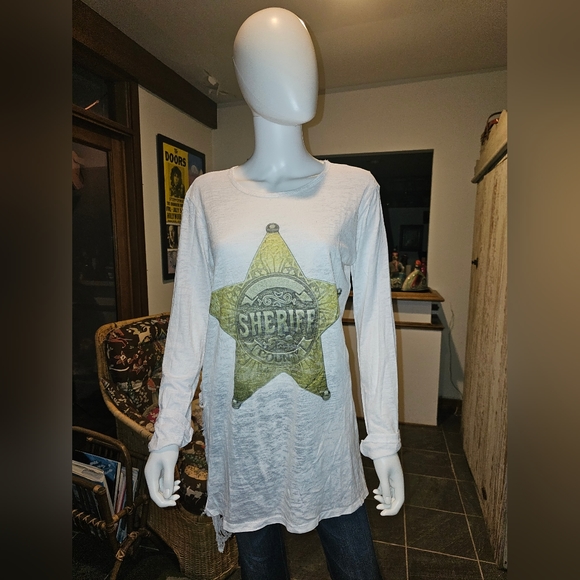 RARE ONE OF A KIND GO COUTURE LONG SLEEVE SHERIFF COUNTY SHIRT WITH DISTRESSING - Picture 3 of 10